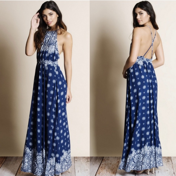 leshop Dresses & Skirts - LESHOP Blue Boho Floral Halter Maxi Dress Sz M